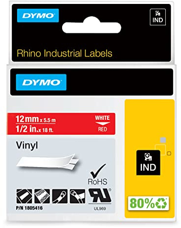 DYMO Rhino-Industrie-Vinyletiketten | 12 mm x 5,5 m | weiß auf rot | selbstklebendes Schriftband | für DYMO Rhino und LabelManager Beschriftungsgerät