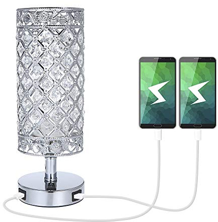 Tomshine Crystal Bedside Table Lamp with Dual USB,Modern Sliver Light E27 Glitter Lampshade with 2 USB Port Bedroom Nightstand Light for Bedroom,Living Room