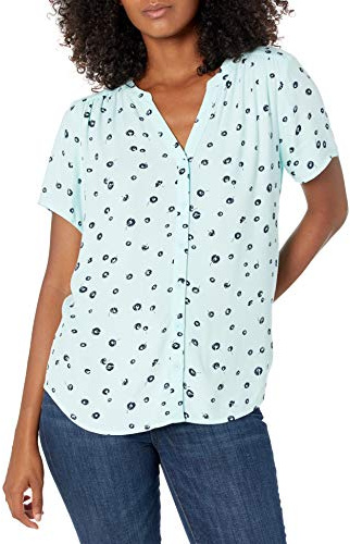 Amazon Essentials Women's Short-Sleeve Woven Blouse, Aqua Blue Poppy, X-Large