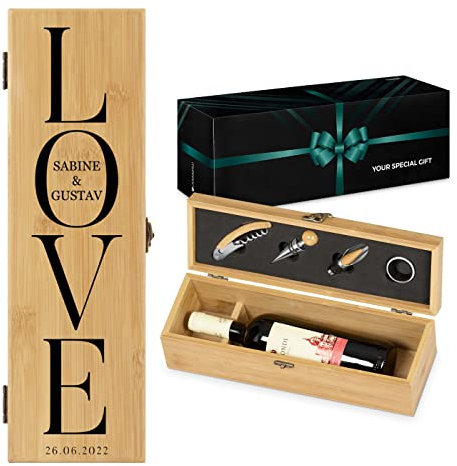Maverton Boîte à vin avec le kit du sommelier, Cadeau d'accessoires pour le vin, Set sommelier personnalisé, Cadeau pour couple et pour époux - love