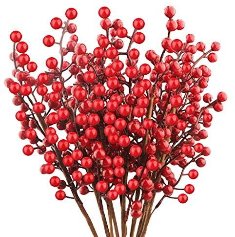 10 Pezzi Bacche Rosse di Natale,Bacche rosse artificiali Gambi di bacche rosse bordeaux Rami di bacche di agrifoglio per la decorazione della casa invernale della stagione dell'albero di Natale(35CM)