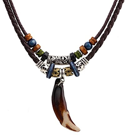 Aabellay Collar tribal de cuero para hombre, estilo bohemio vintage, doble capa, trenzado con cuentas de lobo y colgante de diente de lobo hipopótamo, cuerda de dientes de madera étnica, gargantilla