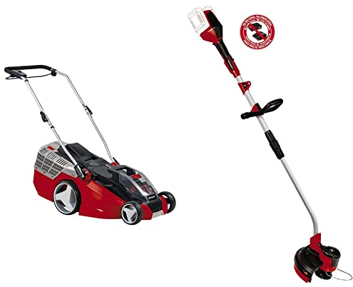 Einhell Tondeuse à gazon sans fil sur batterie GE-CM 43 Li M KIT Power X-Change (Largeur de coupe 43 cm, Surface conseillée 500 m²) Version Starter Kit (2 x 4,0Ah + 2 Chargeurs) + Coupe Bordure 36V