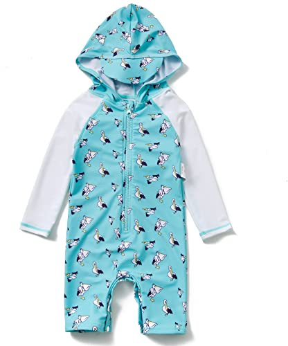 Mazuliso Bebé Niño Traje de Baño Capucha UV una Pieza Entrepierna Inferior Botón Manga Larga Bañadores Sombrero con Cremallera(Pelikan,86-92 CM)