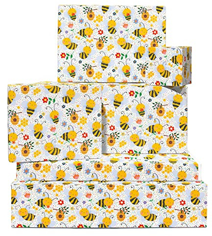 Papel de regalo de abeja - 6 hojas de papel de regalo floral con etiquetas - Flor y abeja - Papel de regalo de animales para niños, niñas y mujeres - Para cumpleaños o baby shower - Central 23
