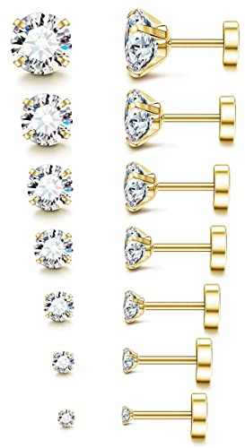 Fansilver 20G Hypoallergenic Flat Back Earrings for Women Men Silver 14K Gold Stainless Steel Stud Earrings Brithstone Cubic Zirconia Studs Surgical Steel Cartilage Earrings for Sensitive Ears