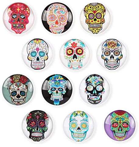 Glass Strong Refrigerator Magnets - 12 Pack Decorative Magnets for Fridge Cute Decor for Home Kitchen Office Whiteboard Locker Accessories (Skull Refrigerator Magnets)
