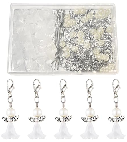 Yaclonq 30 Stück Schutzengel Selber Machen Set, Engel Basteln Perlen Bastelset, Perlenengel Anhänger Schlüsselanhänger Engel Charme für DIY Basteln Hochzeit Schmuck Perlenengel Engel(Weiß)