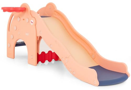 GYMAX Kids Slide, 4 in 1 Toddlers Freestanding Slides with Basketball Hoop, Safe Buffer Zone and Ball, Outdoor Indoor Large First Slide for 18 Months+ (Pink+Blue)