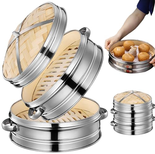 Comebachome Bambusdampfer, 2 Stufen 20 cm Knödel -Dampferkorb mit Deckel & Handle, wiederverwendbares chinesisches Bambus -Dampferkorb zum Kochen von Dim Summe, Brötchen, Knödel
