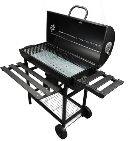 Gril à Charbon de Bois en Baril, Grils à Charbon Portables Robustes, Barbecue D'extérieur avec Thermomètre et 2 Roues, Poêle à Griller Amovible en Acier allié, pour Pique-niques