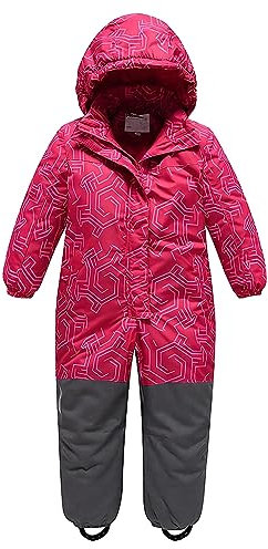 linboo Unisex Kinder Schneeanzug mit Kapuze Gefüttert Skioverall Wasserdicht Winddicht Schneeoverall Warm Skianzug für Jungen Mädchen, Labyrinth Rot, 146-152