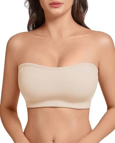 LEYSHE Sujetador sin Tirantes para Mujer, Top de Tubo sin Costuras, Sujetador Bandeau Acolchado, Top Bandeau Antideslizante con Tirantes Transparentes,Beige,XL