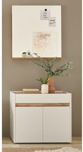 Lomadox Flur Garderoben Spiegel mit Kommode in weiß mit Eiche, 2-teilig, Spiegel, Kommode, modern