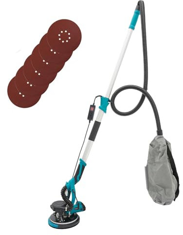 Lijadora de pared de 1250 W, mango telescópico, con LED y aspiración de polvo, diámetro de 255 mm, velocidad máxima de 1800 rpm, cabezal de lijado inclinable