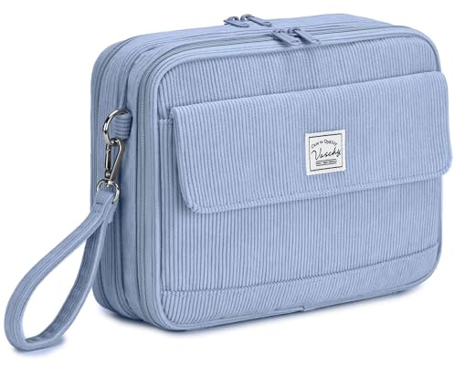 VASCHY Trousse Crayon de Couleur, Grande Trousse 192 Slots en Velours Côtelé Portable Multi-Poches Feutres Stylos Aquarelle avec Anse Amovible pour Homme Femme Fille Artiste Bleu Clair