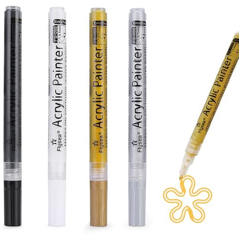 4 Stück Schwarz Weiß Gold Silber Acrylstifte, 0,7 mm Permanent Acrylfarben Marker, Wasserfest Lackstift, für Glas, Keramik, Steinmalerei, Kunsthandwerk für Erwachsene