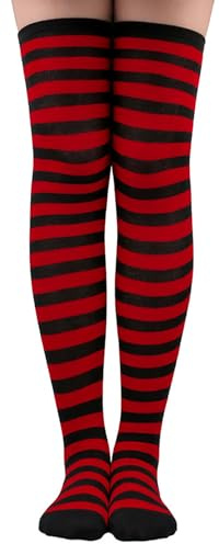 LXOrdora Over Knee Thigh High Socks for Women Striped Stockings Black Red