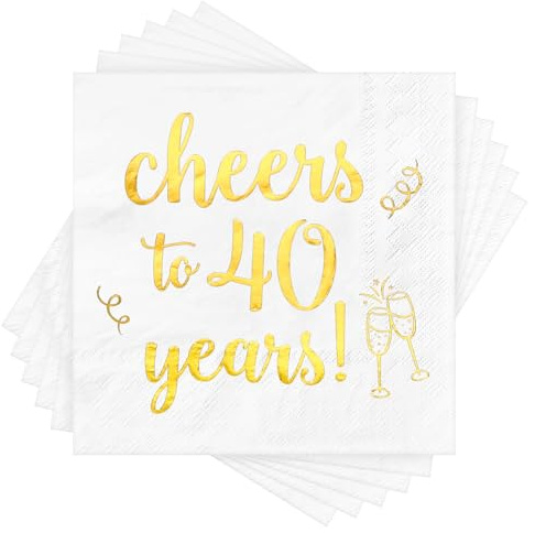 Servietten Cheers to 40 Years, Servietten 40 Geburtstag, Cocktailservietten, 3-Lagig, Goldfolien-Aufschrift, 25,4 x 25,4 cm Ungefaltet, 40 Geburtstagsdeko Tisch Serviettens Mann Frau, weiße