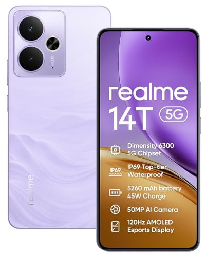 realme 14T 5G Móvil Smartphone 8+256GB,Dimensity 6300 5G Chipset,50MP Ai Camera,6.67'' 120Hz Super AMOLED Display,5260mAh Massive Battery,Dual Sim,NFC,Morado
