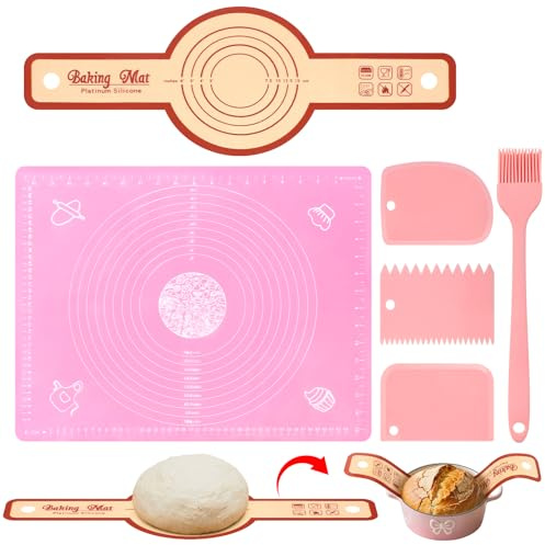Mispudin Tappetino da Forno in Silicone per Forno Olandese, Spianatoia Silicone 40x50cm Antiaderente, Tappetino per Pane Riutilizzabile con Manici Lunghi, Spianatoia con 3 Raschia Pasta & Pennell