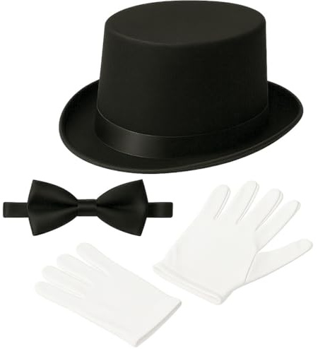 KarnevalsTeufel Kostüm Zubehör Set für Herren – Zylinderhut, weiße Handschuhe, Fliege – für Show & Theater – Magier, Butler, Gentleman, Schornsteinfeger (Hut Gr. 60 cm)