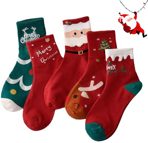 FESDMOH 5 Paia Calze Calzini di Natale, Calze di Natale, Calzini Cotone Natale, 36-42, Calzini con Motivo Babbo, per Uomo e Donna
