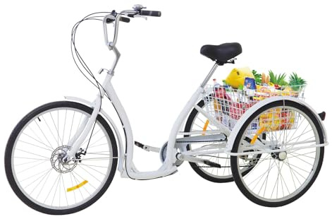 26 tums trehjuling för vuxna, 6-växlad 3-hjuls cykel med bakkorg och justerbar sits, fritid stadscyklar upp till 120 kg lastkapacitet, shoppingcykel seniorcykel för shopping, fritid, sport (vit)