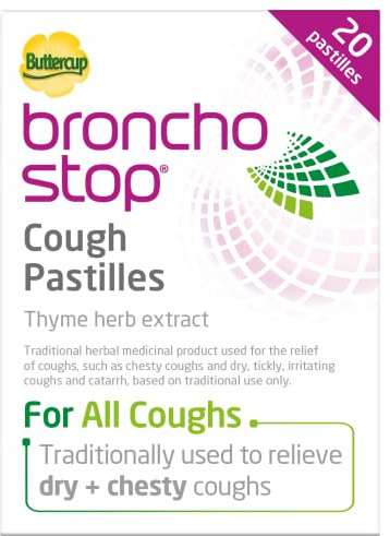 Bronchostop Cough Pastilles (20 Pastilles) - Relief for All Cough Types Including Chesty & Dry Coughs - Non Drowsy Anti Mucus Formula with Traditional Thyme Herb Extract