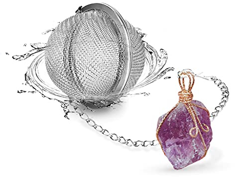 Taygate Tea Strainers for Loose Tea Fine Mesh Tea Ball Full Wire Wrap Raw Stone Pendant Natural Healing Chakra Crystals Gifts for Women (Amethyst)