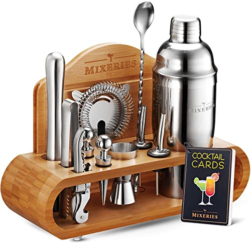 Mixology, kit da barista con supporto, set da 19 pezzi, set shaker per cocktail, set miscelatore per bevande per bar di casa con tutti gli accessori da bar, set di strumenti da bar, kit per cocktail,
