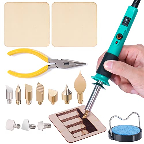 YIHUA 930-IV Brandmalerei Lötkolben Set Brennkolben für Holz Temperatur Einstellbar mit 25 Pyrografie-Tipps, 10 Brandmalholzstücke(EU PLUG)