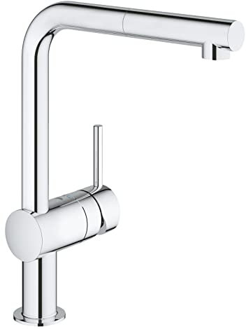 GROHE Minta - Kitchen Sink Pull-Out Dual Spray Mixer Tap (High L-Spout, 360° Swivel Range, 46mm Ceramic Cartridge, Integrated Non-Return Valve, Tails 1/2 Inch), Size 328 mm, Chrome, 31861000