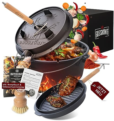 GUSSKÖNIG Dutch Oven Set - Eingebrannter Dutch Oven 9 Liter - Feuertopf Gusseisen mit Füßen - Schmortopf Doppelfunktion - inkl. 2in1 Deckelheber, Bürste & DutchOven Rezeptbuch [für 6-10 Personen]