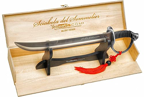 YesEatIs - Sciabola del Sommelier con Cassetta in Legno da Esposizione - Manico Color Acciaio - 2 Laccetti Ornamentali Inclusi