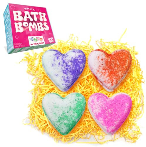 ZIMPLI - 4 x Grandes bombes de bain Coeur d'Amour, Coffret cadeau pétillant et hydratant pour elle, cadeaux de St-Valentin et de Fête des Mères pour les femmes, petites amies, épouses