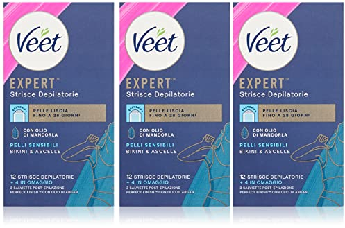 Veet Expert Strisce Depilatorie Ascelle e Zona Bikini, Ceretta per Pelli Sensibili con Olio di Mandorla, Dermatologicamente Testate, 3 Confezioni da 8x2 Strisce + 9 Salviette Post-Epilazione