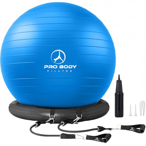 ProBody Pilates Yoga Ball Chair, Exercise Ball Chair with Base or Stand for Home Office Desk Sitting or Workout, Balance & Stability Ball Seat, Large Gym Ball for Back (Blue with Bands)