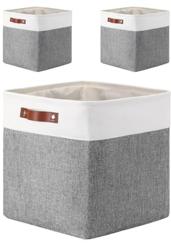 Mangata 25|28|30|33cm Aufbewahrungsbox Stoff, Aufbewahrungskorb für Regal, Korb Aufbewahrung, 3-er Pack, 28x28x28 cm, Grau Weiß