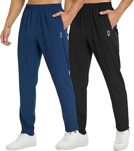 frueo 2 Pack Tracksuit Bottoms Men Lightweigt Jogging Trousers with Zipper Pockets Work Joogers Fit Sport Casual Sweatpants for Running Gym Training(0601) Black Navy-L