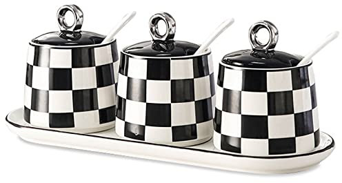 langjiao Storage Jars - Checkerboard Grid Condiment Pots Container With Spoon & Lid, Simple Ceramic Spice Jar Set With Label And Tray, Porcelain Seasonings Organizer-Ⅲ-black and white (Color : White)