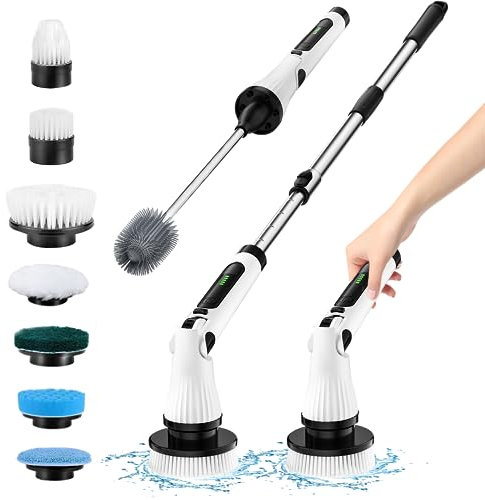 Leebein Spazzola Rotante Pulizia Casa, 2024 Spazzola Elettrica per Pulizia con 8 Testine Sostituibili & Spazzolone WC, 2 Velocità di Rotazione e Manico Allungabile Regolabile per Bagno/Cucina/Auto