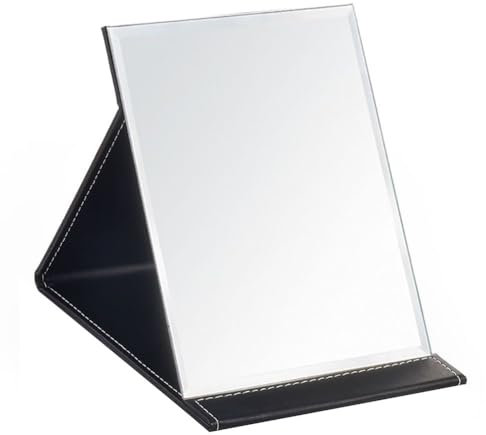 Ninoclar 17x12cm Portable Folding Mirror, Super HD Compact Makeup, Black PU Leather Travel, Free Standing Vanity Mirrors, Tabletop Foldable Mirror (Small)