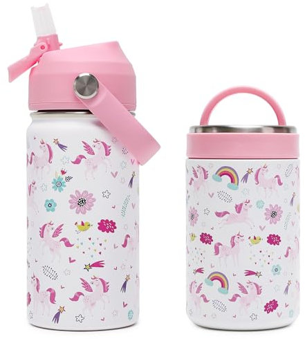 Bevalsa 14oz Thermobehälter für Essen Kinder & Trinkflasche Kinder Set, Isolierter Thermoschüssel, Warmhaltebehälter Essen Edelstahl, BPA-frei Thermosflasche für Kinder Mädchen Jungen (Einhorn)