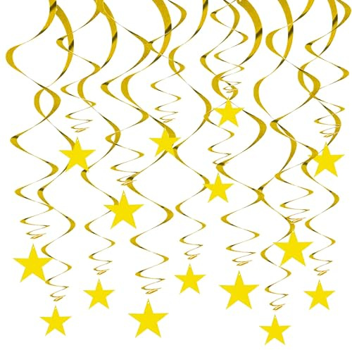 RIBBOOO Gold Hanging Stars Swirl Pre-Strung, Glitter Star Garland Streamers for Birthday Party Graduation Wedding Baby Shower Decorations, Pack of 15