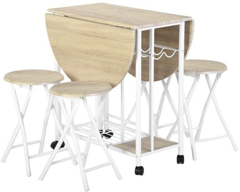 Liink1Ga Fällbart bord med hopfällbar pall, fällbart matbord köksbord med 4 fällbänkar, matpall i set om 4 inklusive fällbart rullbart, runt matbord med vinglashållare och 4 vikbar bänk, bok och vit