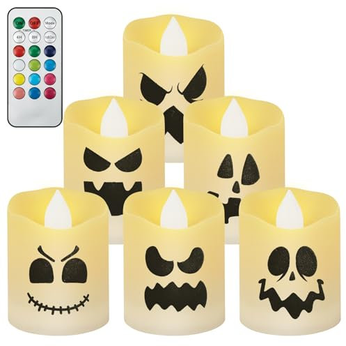 6 Bougies Chauffe-Plat LED Flamme Clignotante Avec Fonction de Minuterie et Lumière - Bougie de Fantôme Pour la Décoration d'Halloween et Fête de Noël, 3,6 x 4,8 cm