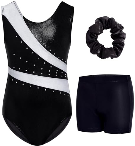 Gogokids Gymnastikset i tre delar med shorts, barn gymnastik ärmlös trikåer med ädelstenar, flickor glittrande gymnastikkläder med färgblock, design, atletiska danskläder för åldrarna 3-12, Svart vit