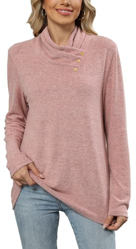 Famulily Comfy Jumper Sweatshirt for Women Cowl Neck Long Sleeve Sweater Shirts Loose Tunic Casual Tops (M, Pink)