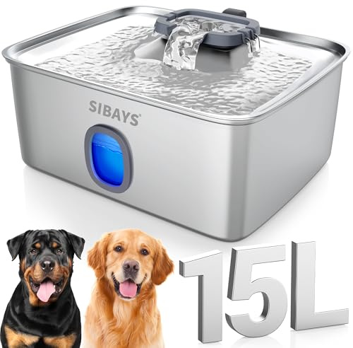 SIBAYS 15L Large Dog Water Fountain, Stainless Steel Cat Water Fountain with Visible Window & Smart LED Reminder, Ultra Quiet Automatic Pet Fountain for Large Dogs & Multi-pet, Easy to Clean, FS76